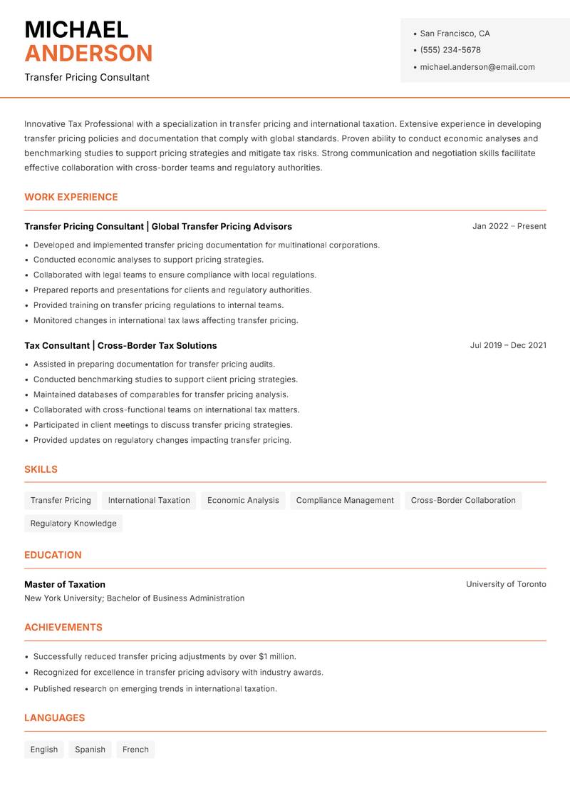 Tax Professional resume sample — Transfer Pricing Consultant focus