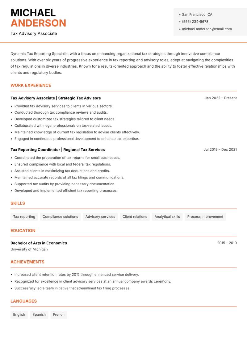 Tax Reporting Specialist resume sample — Tax Advisory Associate focus