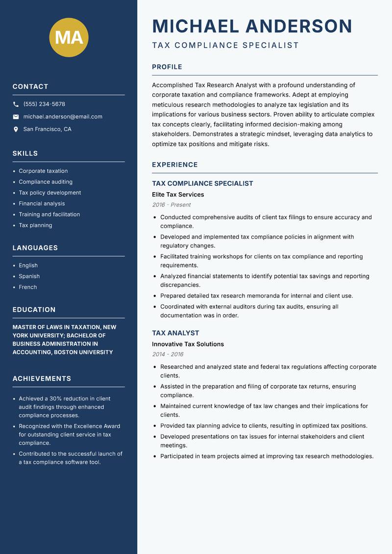 Tax Research Analyst resume sample — Tax Compliance Specialist focus