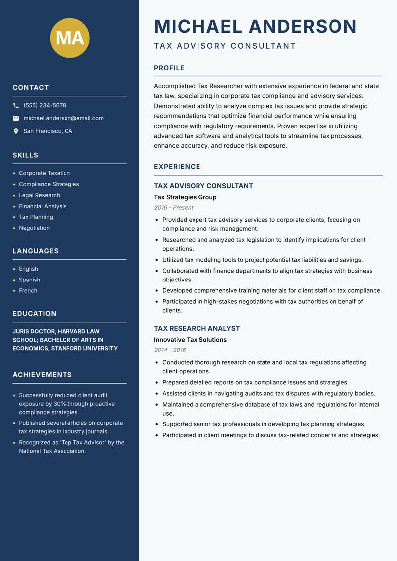 Tax Researcher resume sample — Tax Advisory Consultant focus