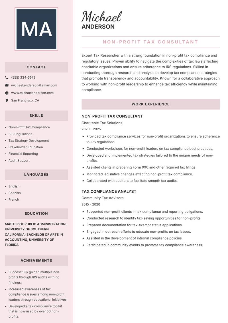 Tax Researcher resume sample — Non-Profit Tax Consultant focus