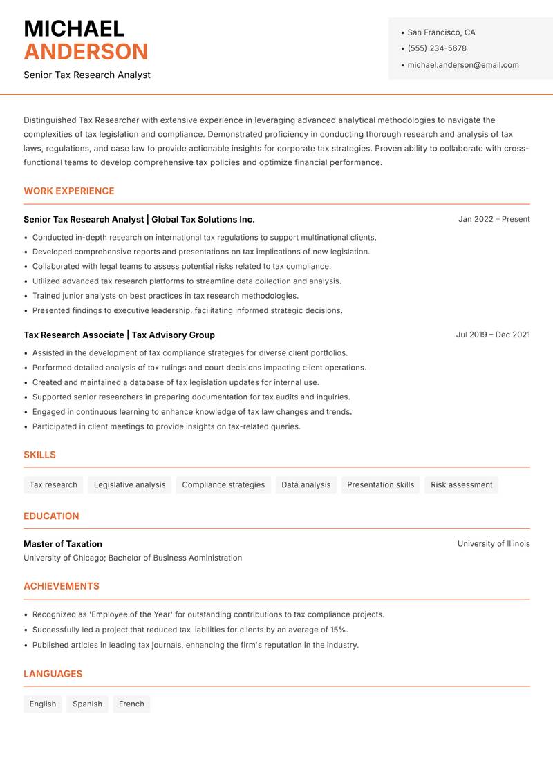 Tax Researcher resume sample — Senior Tax Research Analyst focus