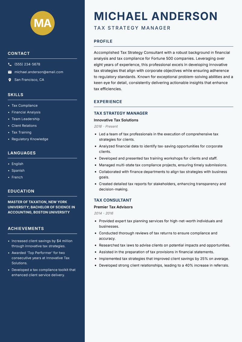 Tax Strategy Consultant resume sample — Tax Strategy Manager focus