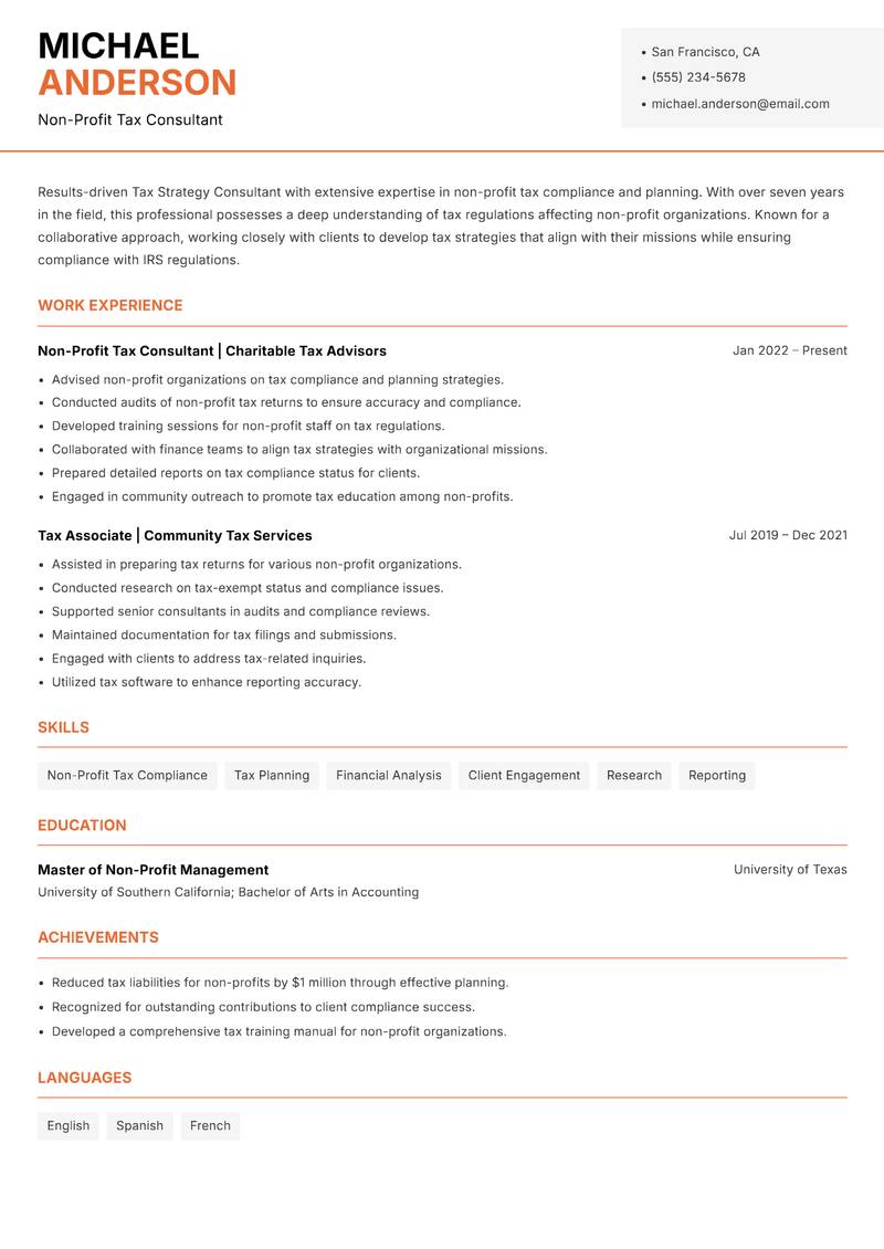 Tax Strategy Consultant resume sample — Non-Profit Tax Consultant focus