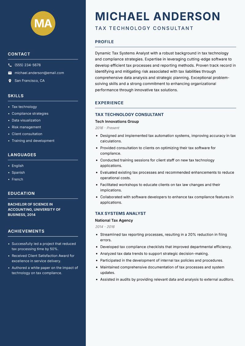 Tax Systems Analyst resume sample — Tax Technology Consultant focus