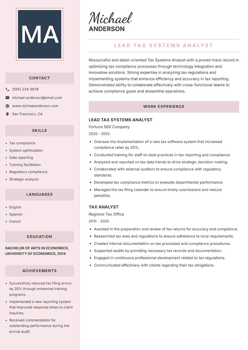 Tax Systems Analyst resume sample — Lead Tax Systems Analyst focus