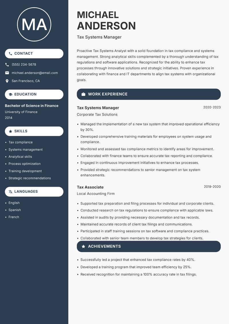 Tax Systems Analyst resume sample — Tax Systems Manager focus