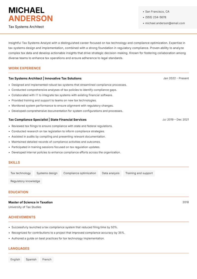 Tax Systems Analyst resume sample — Tax Systems Architect focus
