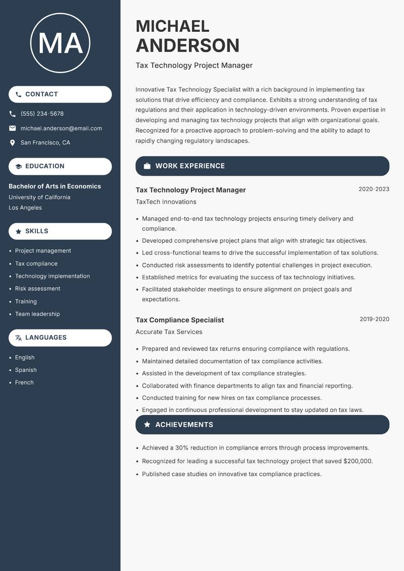 Tax Technology Specialist resume sample — Tax Technology Project Manager focus