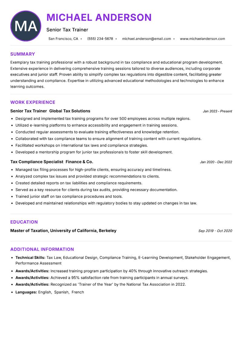 Tax Trainer resume example