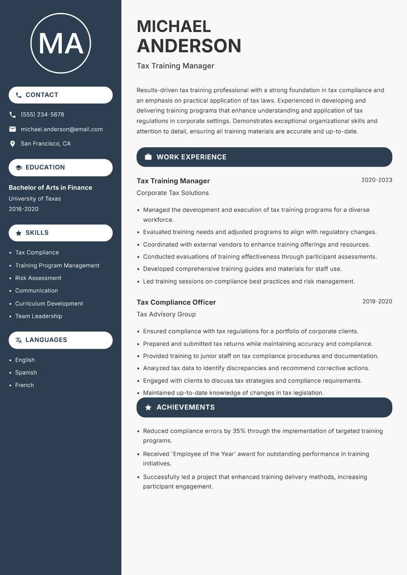 Tax Trainer resume sample — Tax Training Manager focus