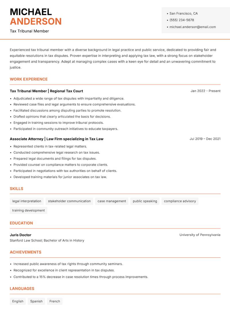 Tax Tribunal Member resume sample — Tax Tribunal Member focus