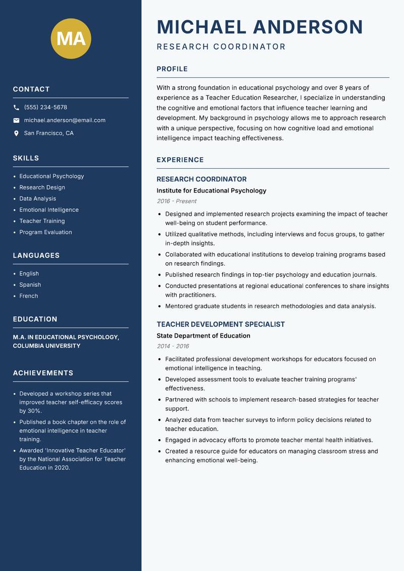Teacher Education Researcher resume sample — Research Coordinator focus