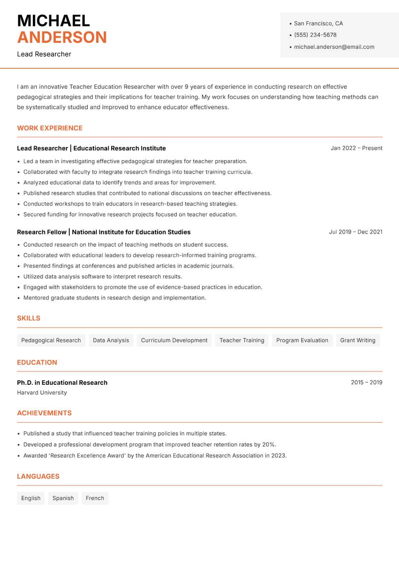 Teacher Education Researcher resume sample — Lead Researcher focus
