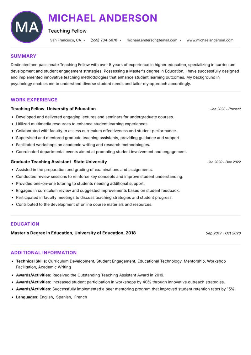 Teaching Fellow resume example
