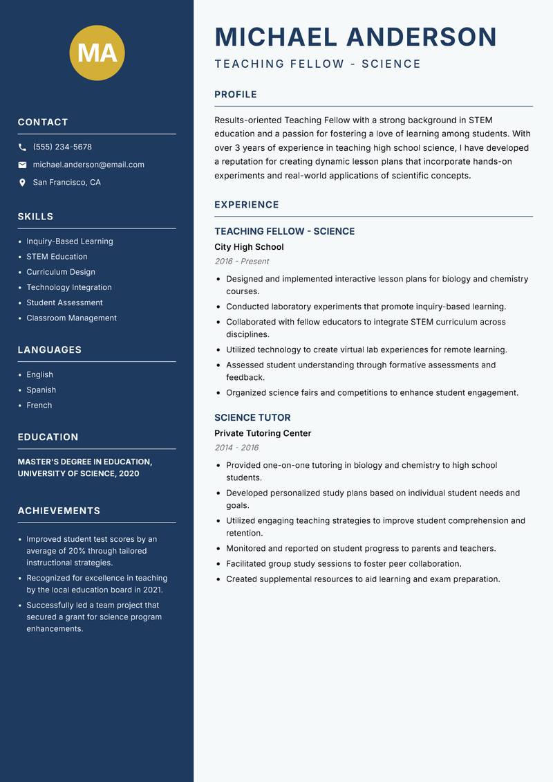 Teaching Fellow resume sample — Teaching Fellow - Science focus