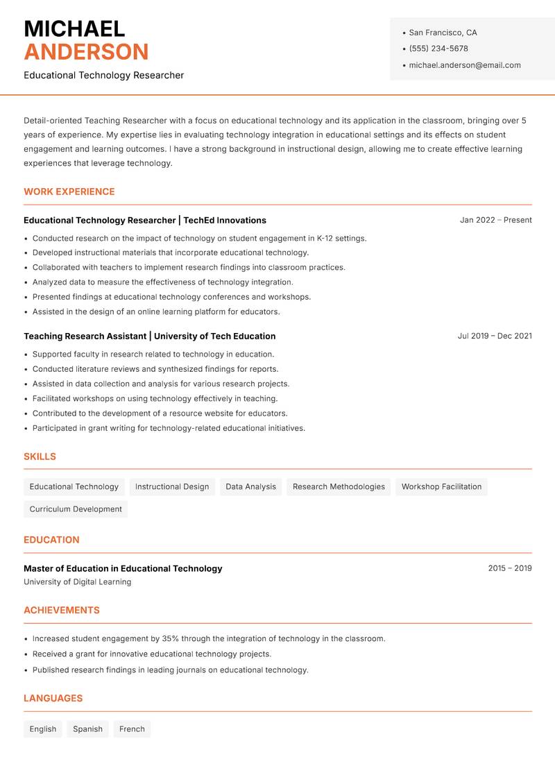 Teaching Researcher resume sample — Educational Technology Researcher focus