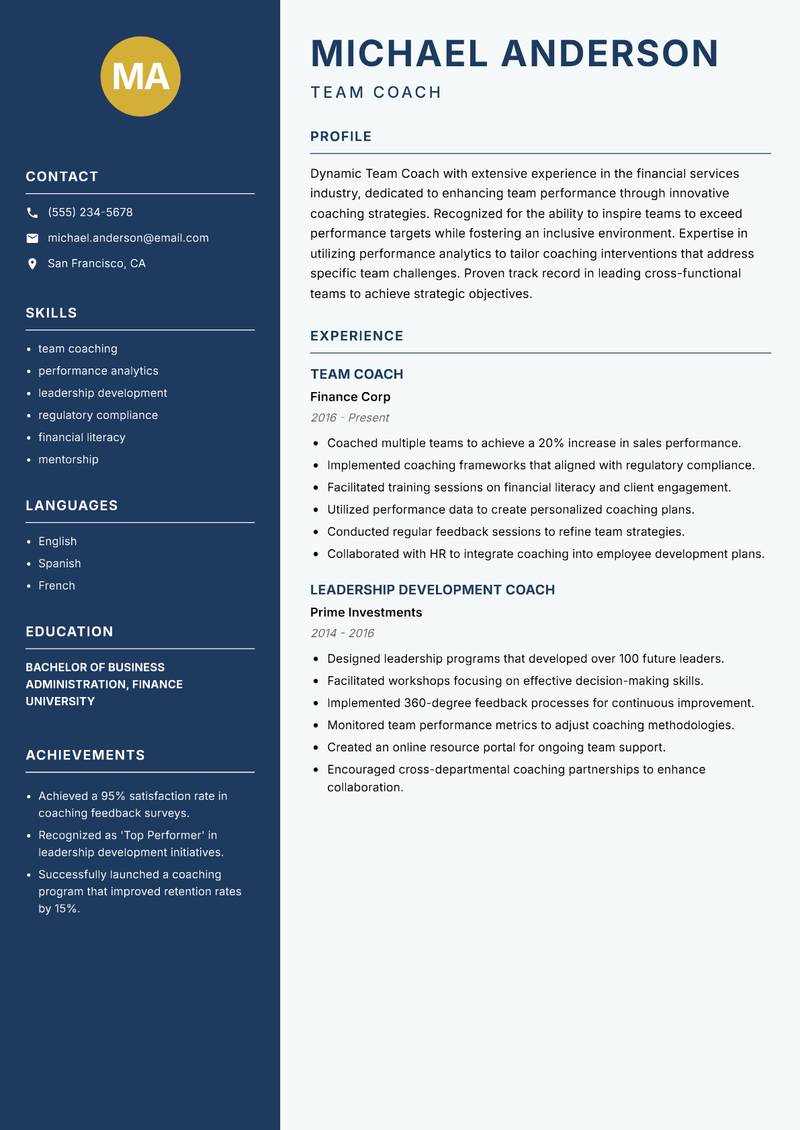 Team Coach resume sample — Team Coach focus