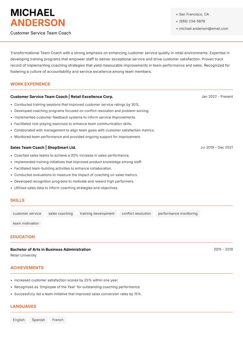 Team Coach resume sample — Customer Service Team Coach focus