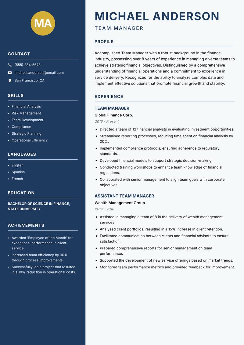Team Manager resume sample — Team Manager focus