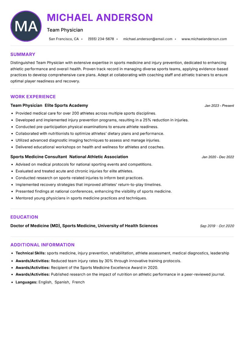 Team Physician resume example