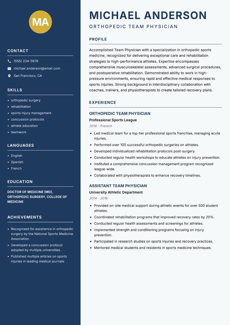 Team Physician resume sample — Orthopedic Team Physician focus