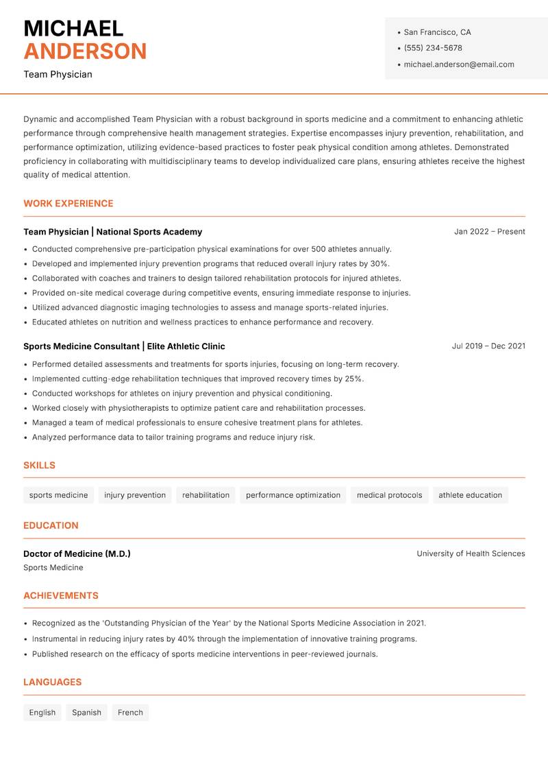 Team Physician resume sample — Team Physician focus
