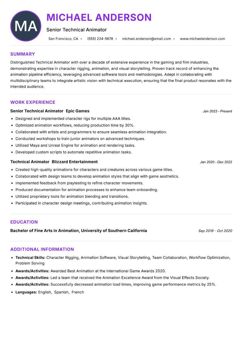 Technical Animator resume example