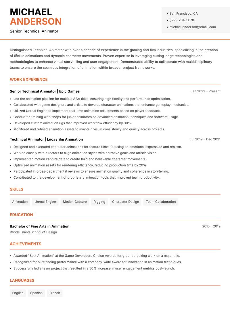 Technical Animator resume sample — Senior Technical Animator focus