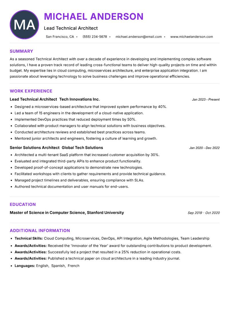 Technical Architect resume example