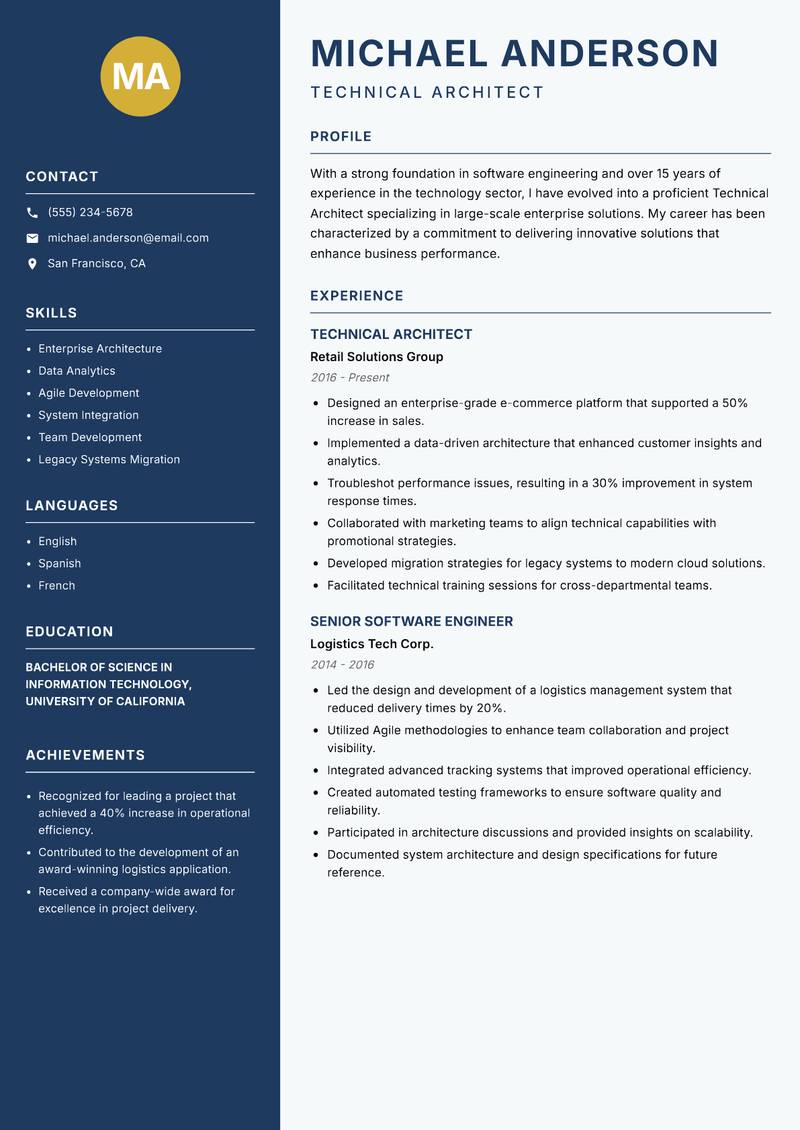 Technical Architect resume sample — Technical Architect focus