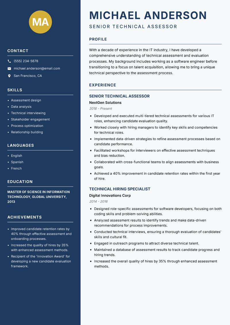 Technical Assessment Specialist resume sample — Senior Technical Assessor focus