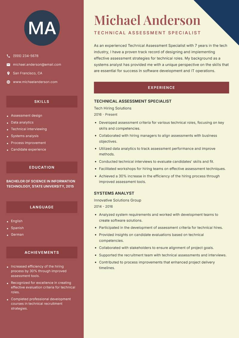 Technical Assessment Specialist resume sample — Technical Assessment Specialist focus