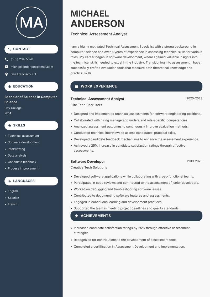 Technical Assessment Specialist resume sample — Technical Assessment Analyst focus