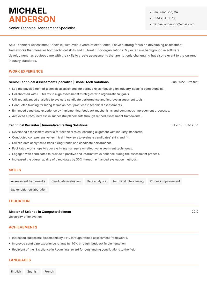 Technical Assessment Specialist resume sample — Senior Technical Assessment Specialist focus