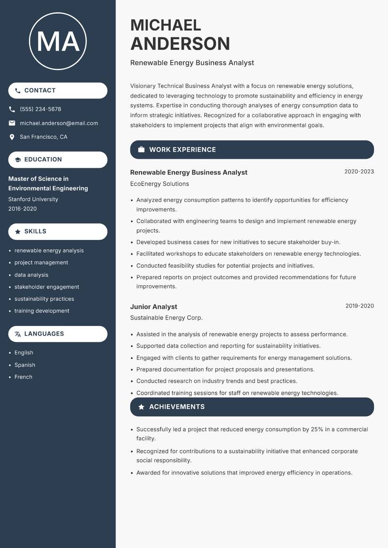 Technical Business Analyst resume sample — Renewable Energy Business Analyst focus