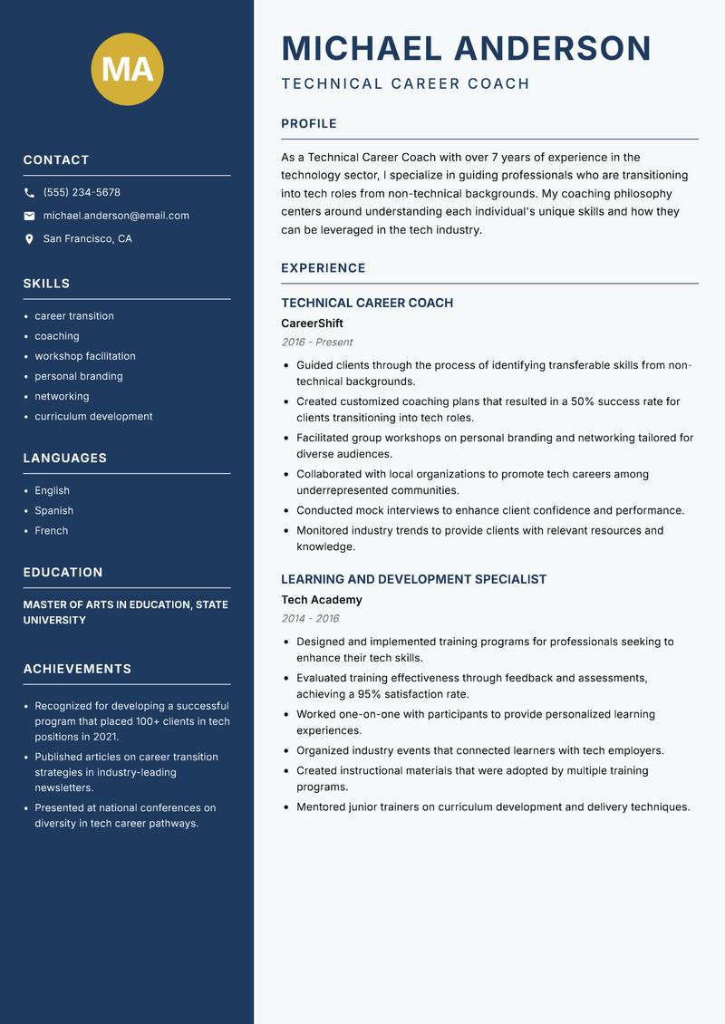 Technical Career Coach resume sample — Technical Career Coach focus