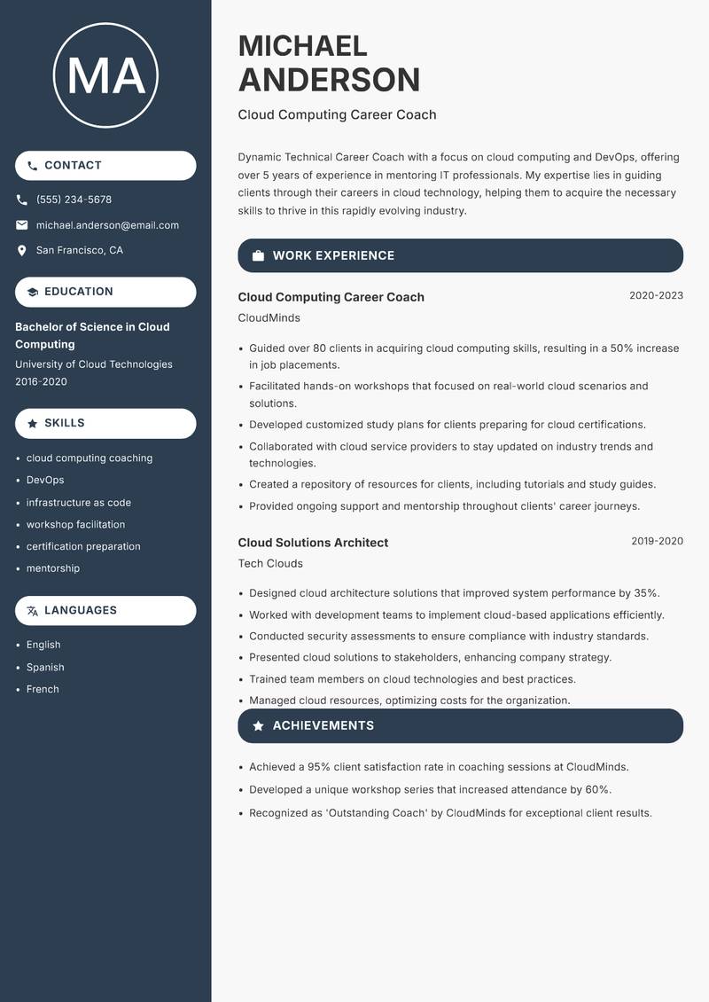 Technical Career Coach resume sample — Cloud Computing Career Coach focus