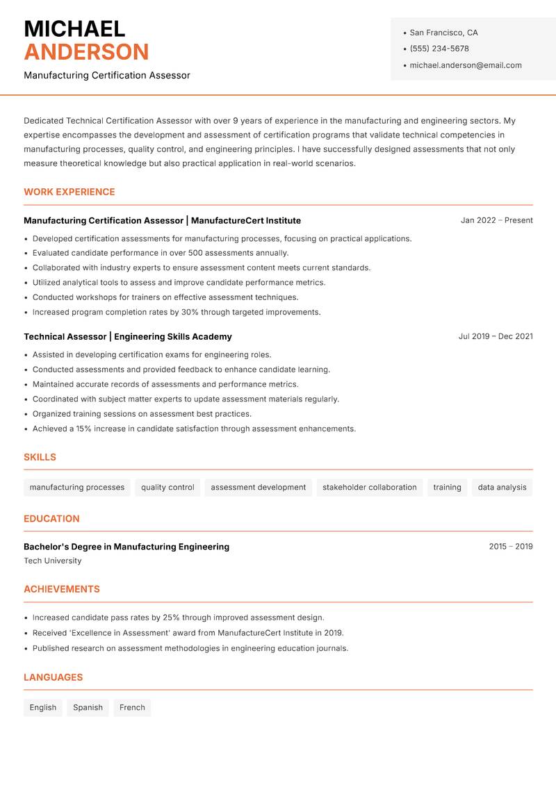 Technical Certification Assessor resume sample — Manufacturing Certification Assessor focus