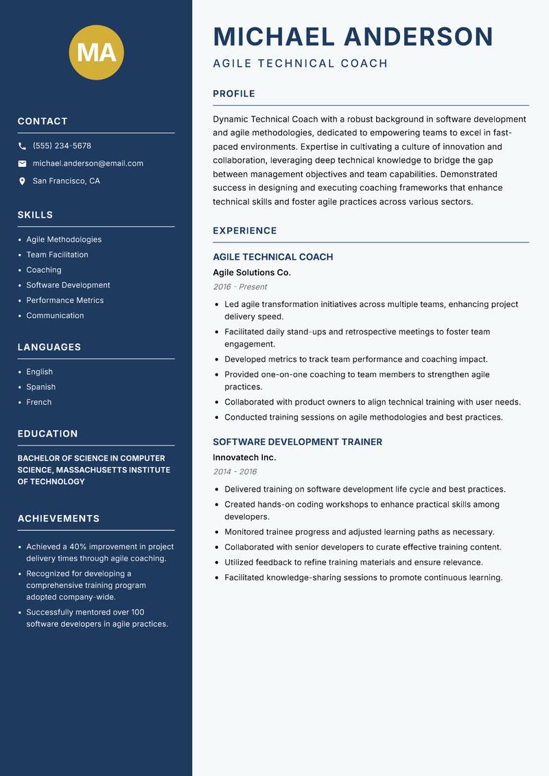 Technical Coach resume sample — Agile Technical Coach focus