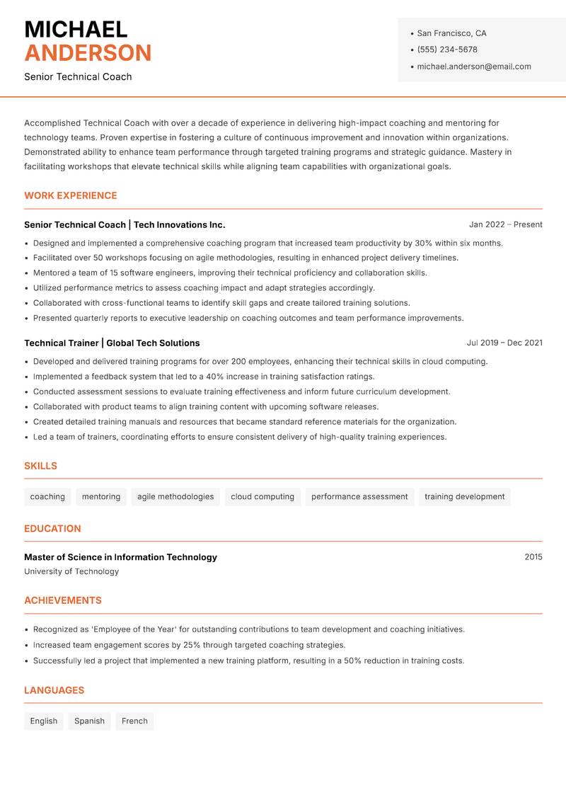 Technical Coach resume sample — Senior Technical Coach focus
