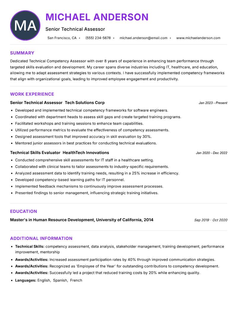 Technical Competency Assessor resume example