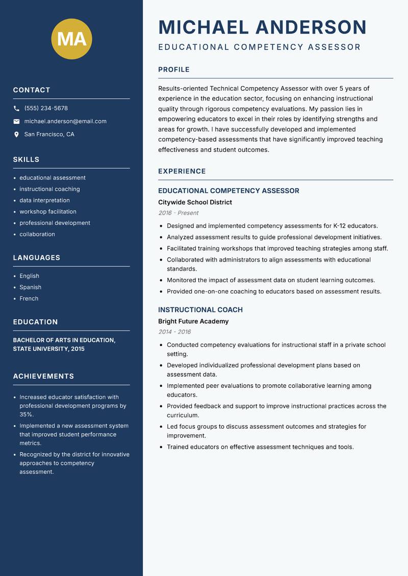 Technical Competency Assessor resume sample — Educational Competency Assessor focus