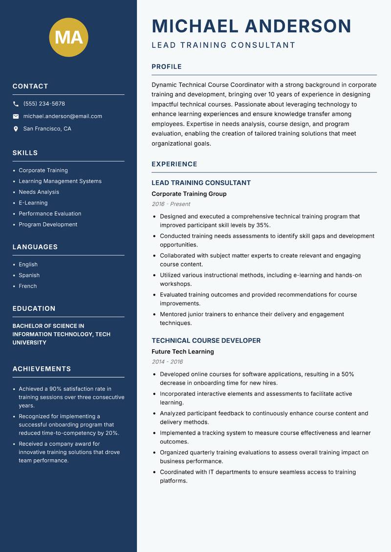 Technical Course Coordinator resume sample — Lead Training Consultant focus