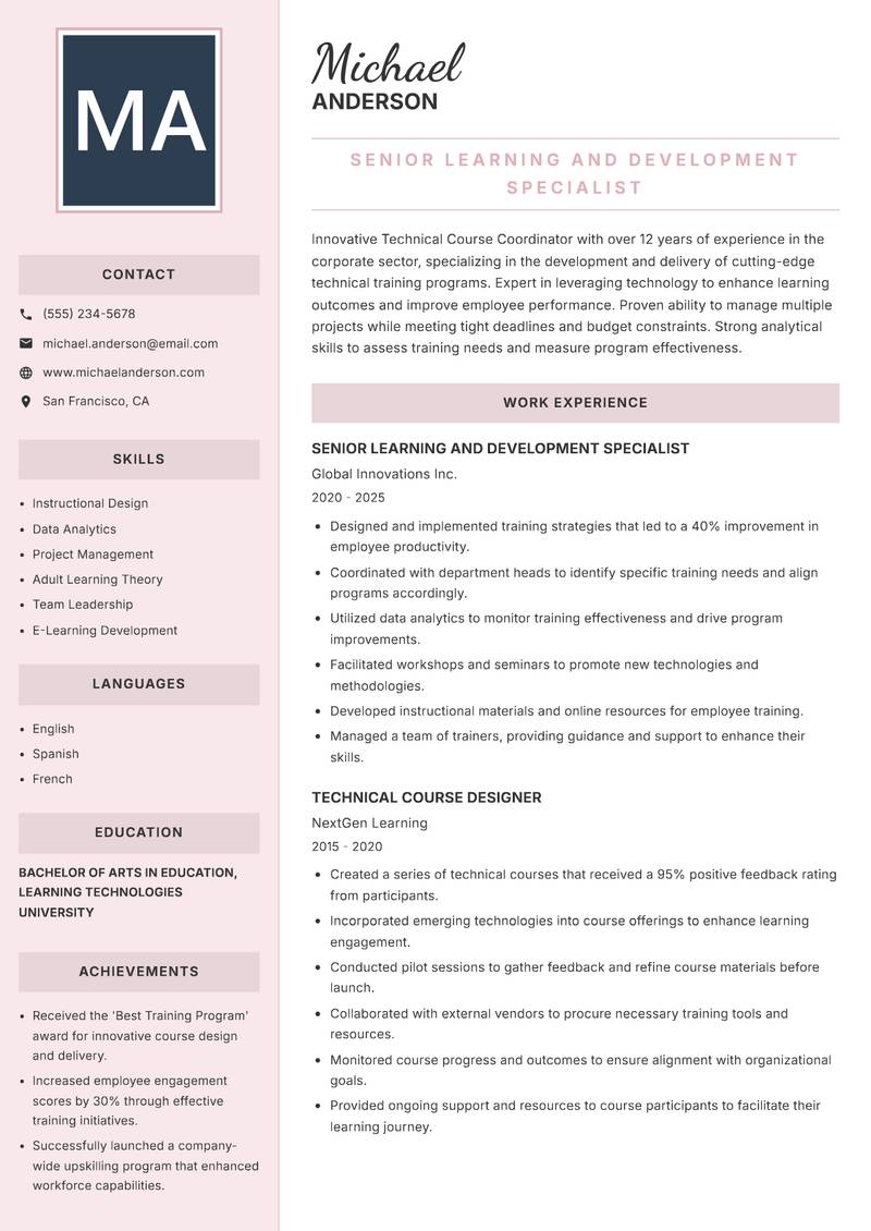Technical Course Coordinator resume sample — Senior Learning and Development Specialist focus