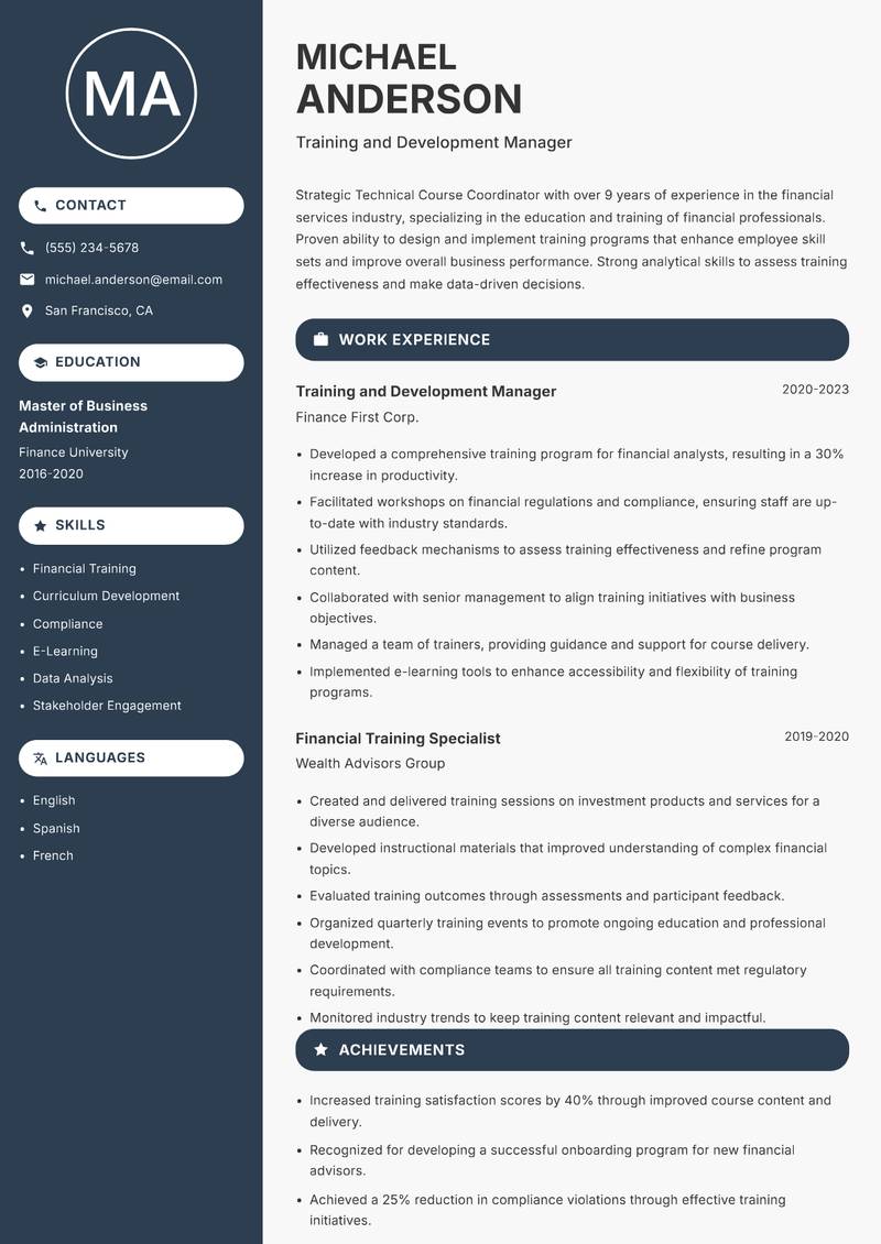 Technical Course Coordinator resume sample — Training and Development Manager focus