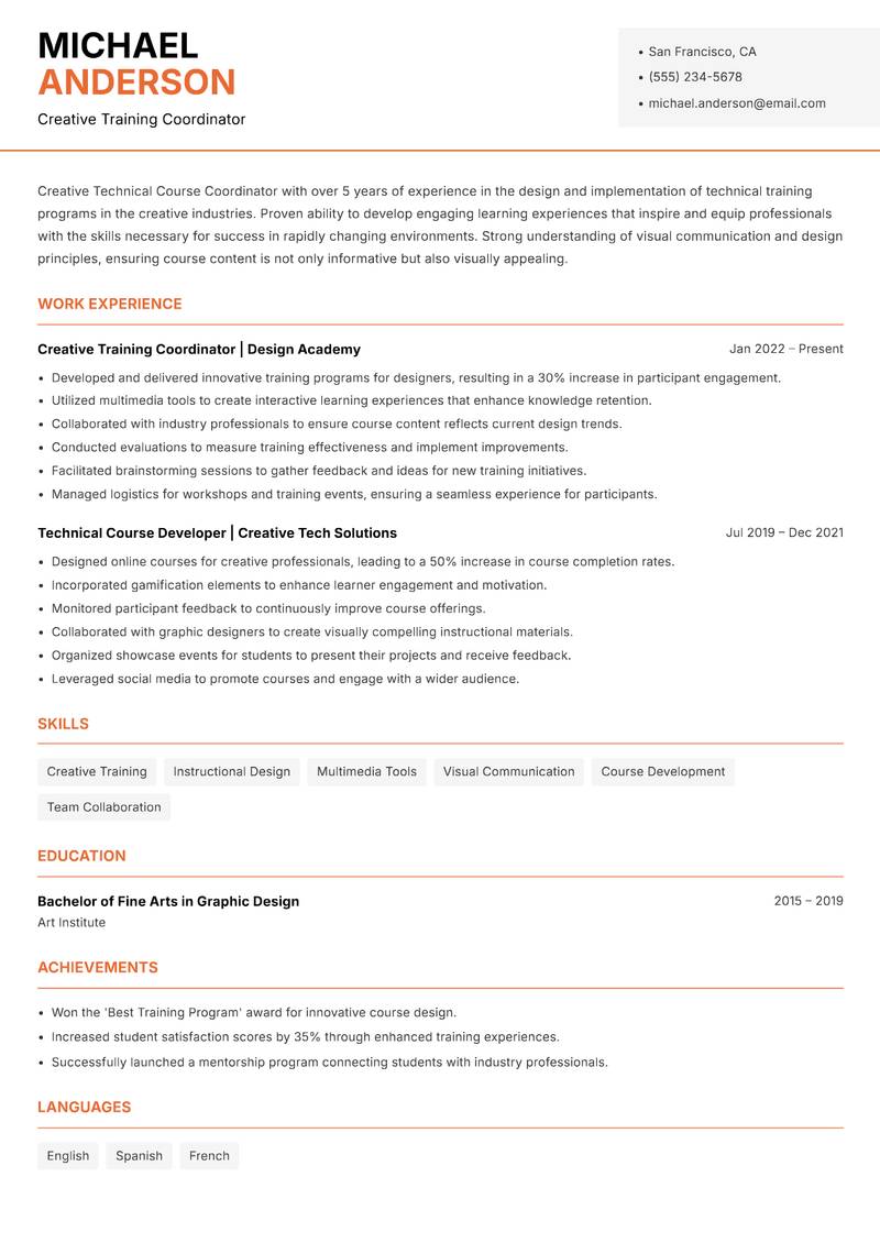 Technical Course Coordinator resume sample — Creative Training Coordinator focus