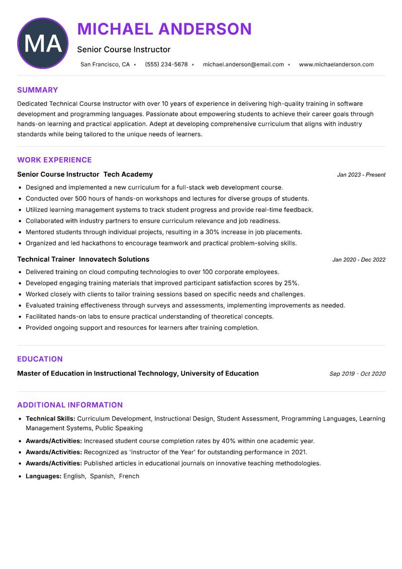 Technical Course Instructor resume example