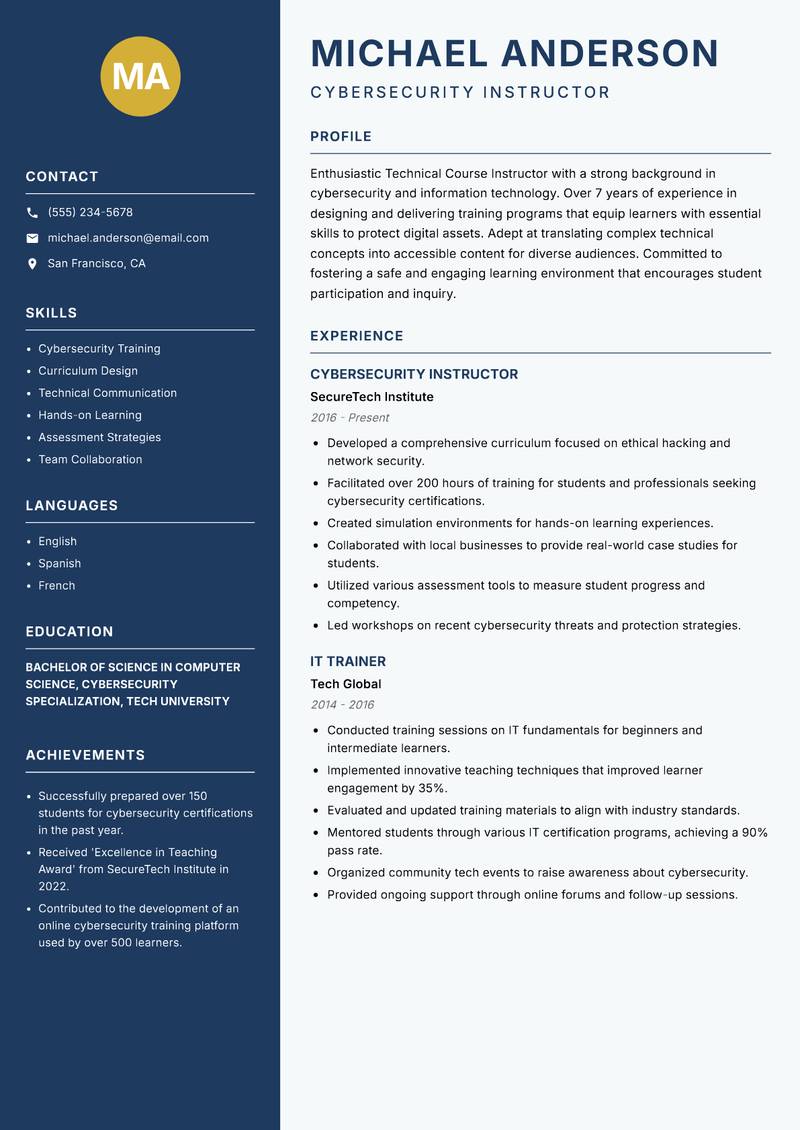 Technical Course Instructor resume sample — Cybersecurity Instructor focus