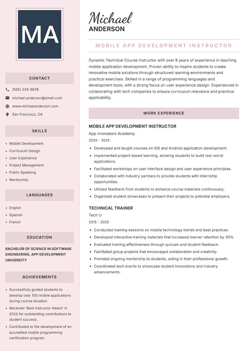 Technical Course Instructor resume sample — Mobile App Development Instructor focus